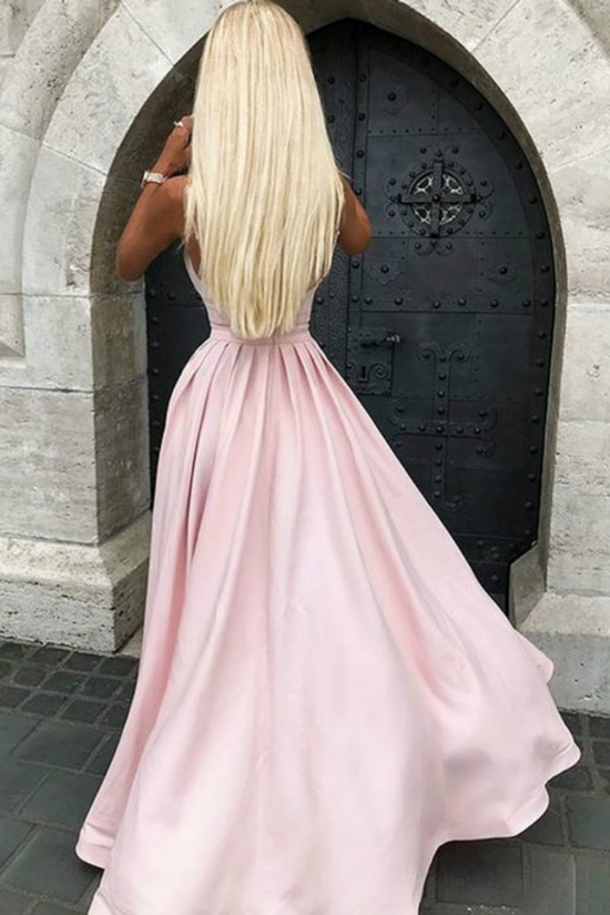 Satin A-Line V-Neck Spaghetti Straps Long Party Prom Dress