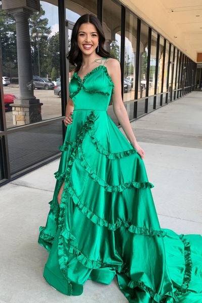 Satin A-Line V-Neck Spaghetti Straps Ruffled With Train Prom Dress