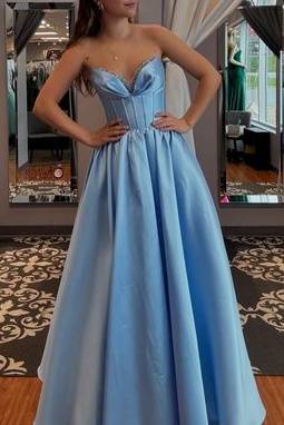 Satin A-Line V-Neck Strapless Empire Long Party Prom Dress