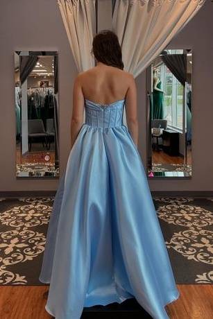 Satin A-Line V-Neck Strapless Empire Long Party Prom Dress