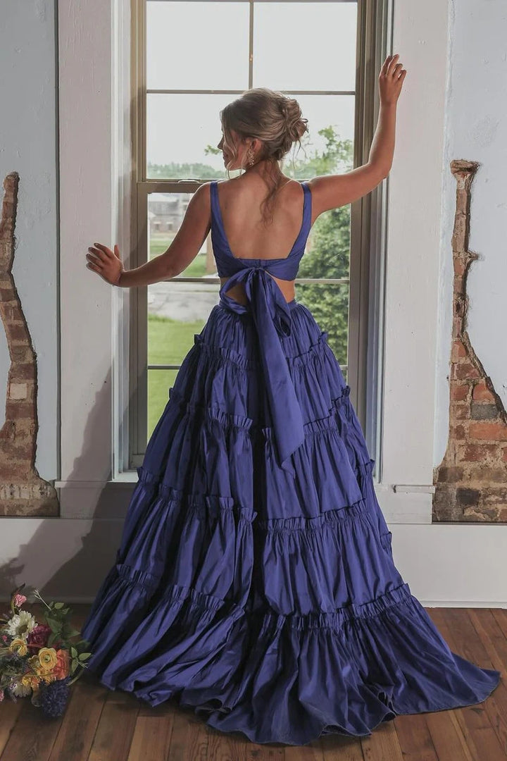Satin A-Line V-Neck Two Piece Long Party Prom Dress