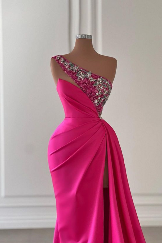 Satin Fitted One Shoulder Beaded With Side Slit Prom Dress