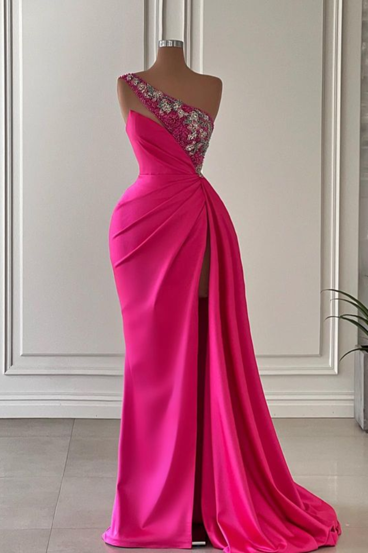 Satin Fitted One Shoulder Beaded With Side Slit Prom Dress