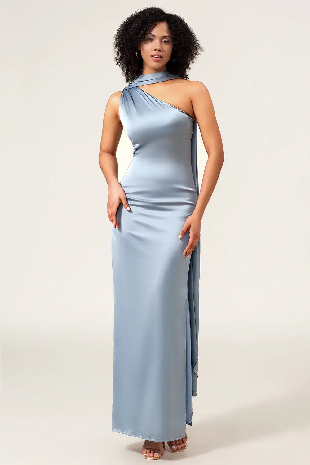 Satin Fitted One Shoulder Sleeveless Bridesmaid Dress