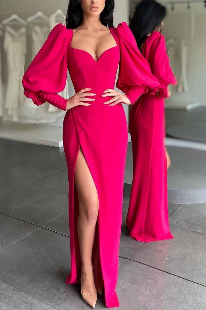 Satin Fitted Sweetheart Long Sleeves With Side Slit Prom Dress