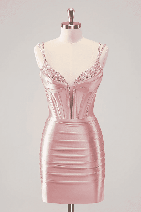 Satin Fitted V-Neck Spaghetti Straps Beaded Homecoming Dress