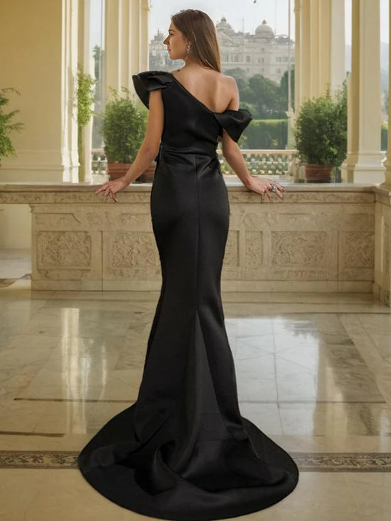 Satin Mermaid Off-Shoulder Sleeveless Black Prom Dress