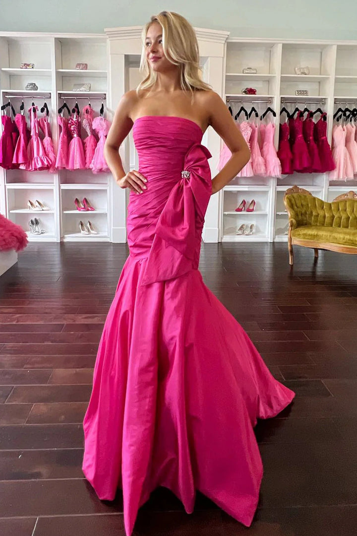 Satin Mermaid Strapless Empire Ruched Party Prom Dress With Bow
