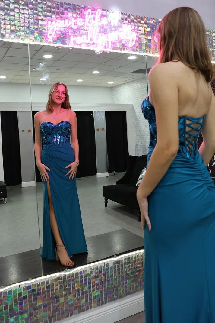 Satin Mermaid Sweetheart Strapless Beaded Party Prom Dress