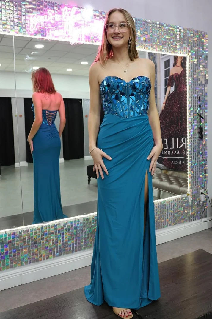 Satin Mermaid Sweetheart Strapless Beaded Party Prom Dress