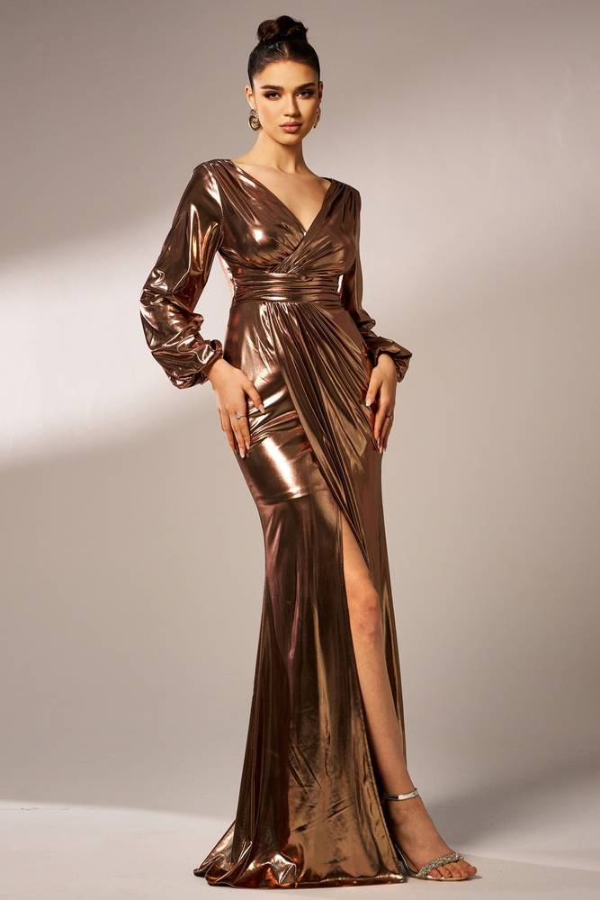 Satin Mermaid V-Neck Long Sleeves Party Evening Dress