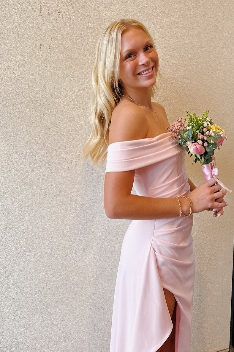 Satin Off-Shoulder Pleated Empire Party Prom Dress With Slit