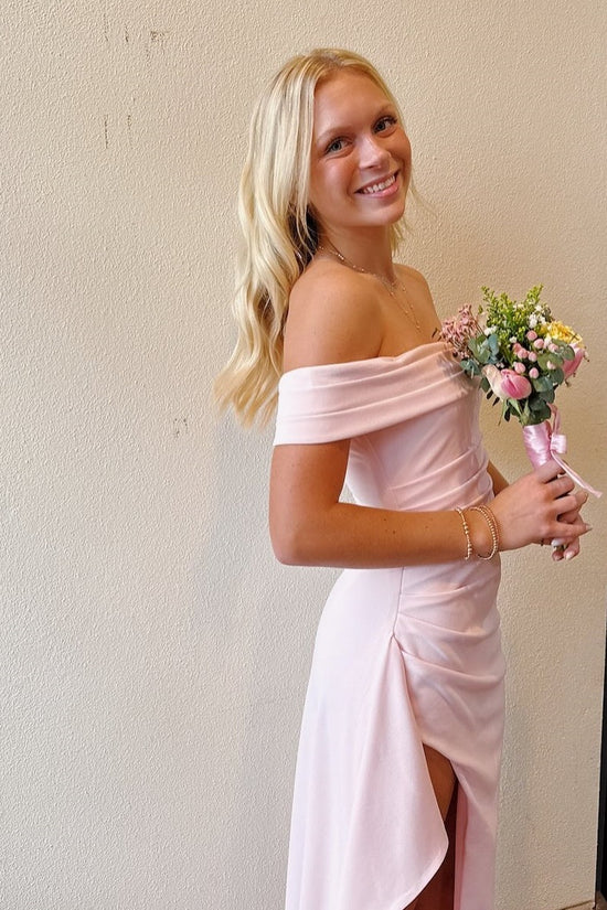 Satin Off-Shoulder Pleated Empire Party Prom Dress With Slit
