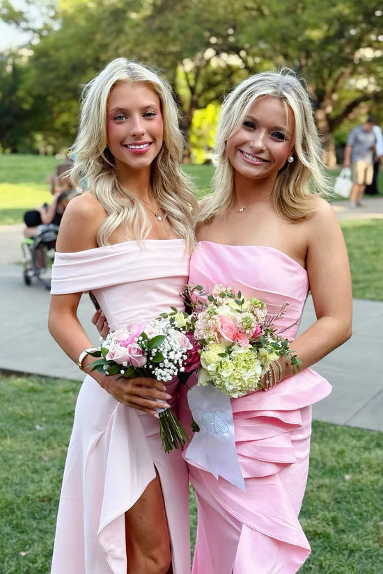 Satin Off-Shoulder Pleated Empire Party Prom Dress With Slit