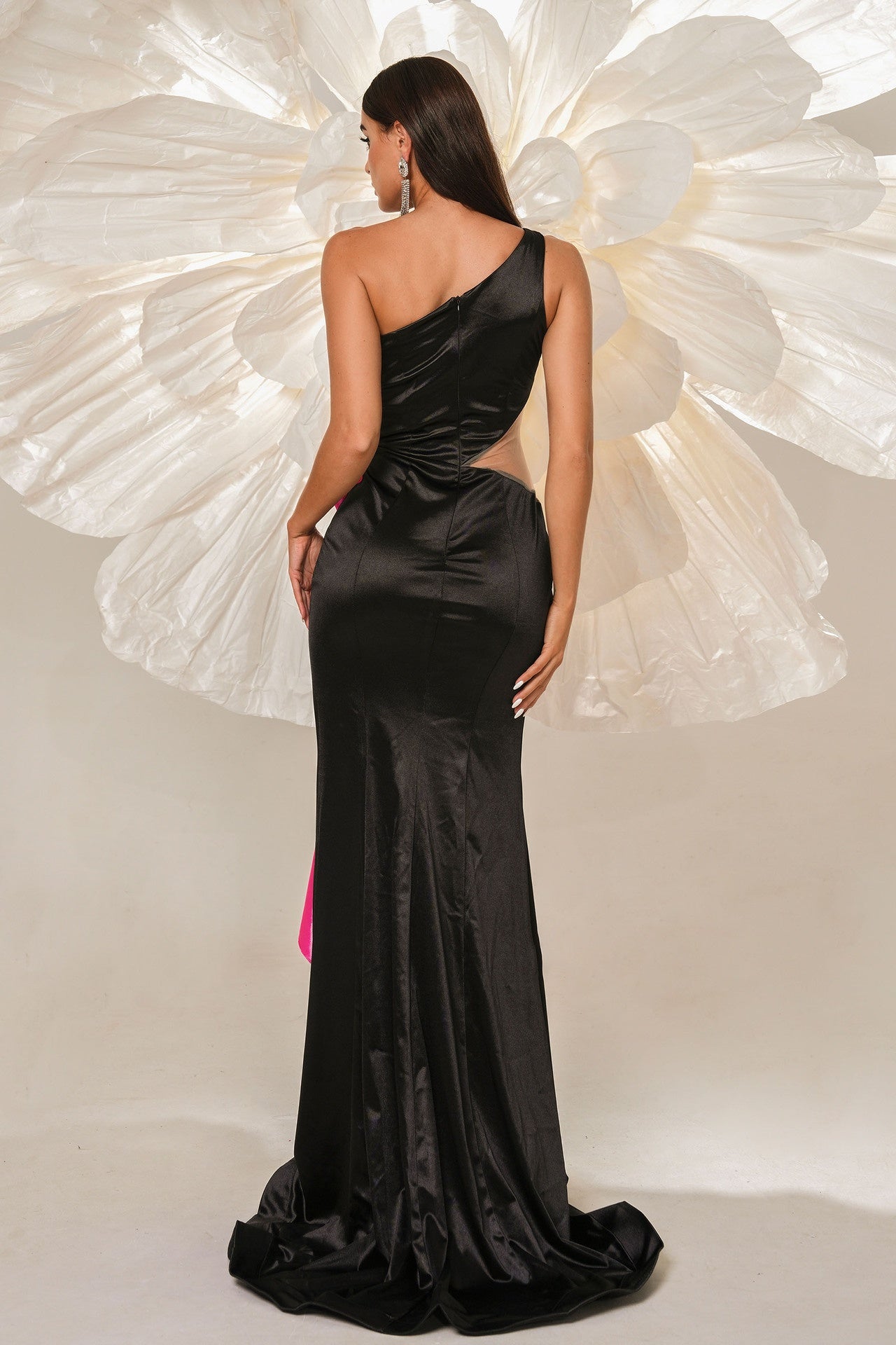 Satin One Shoulder Sleeveless Ruffled Party Evening Dress