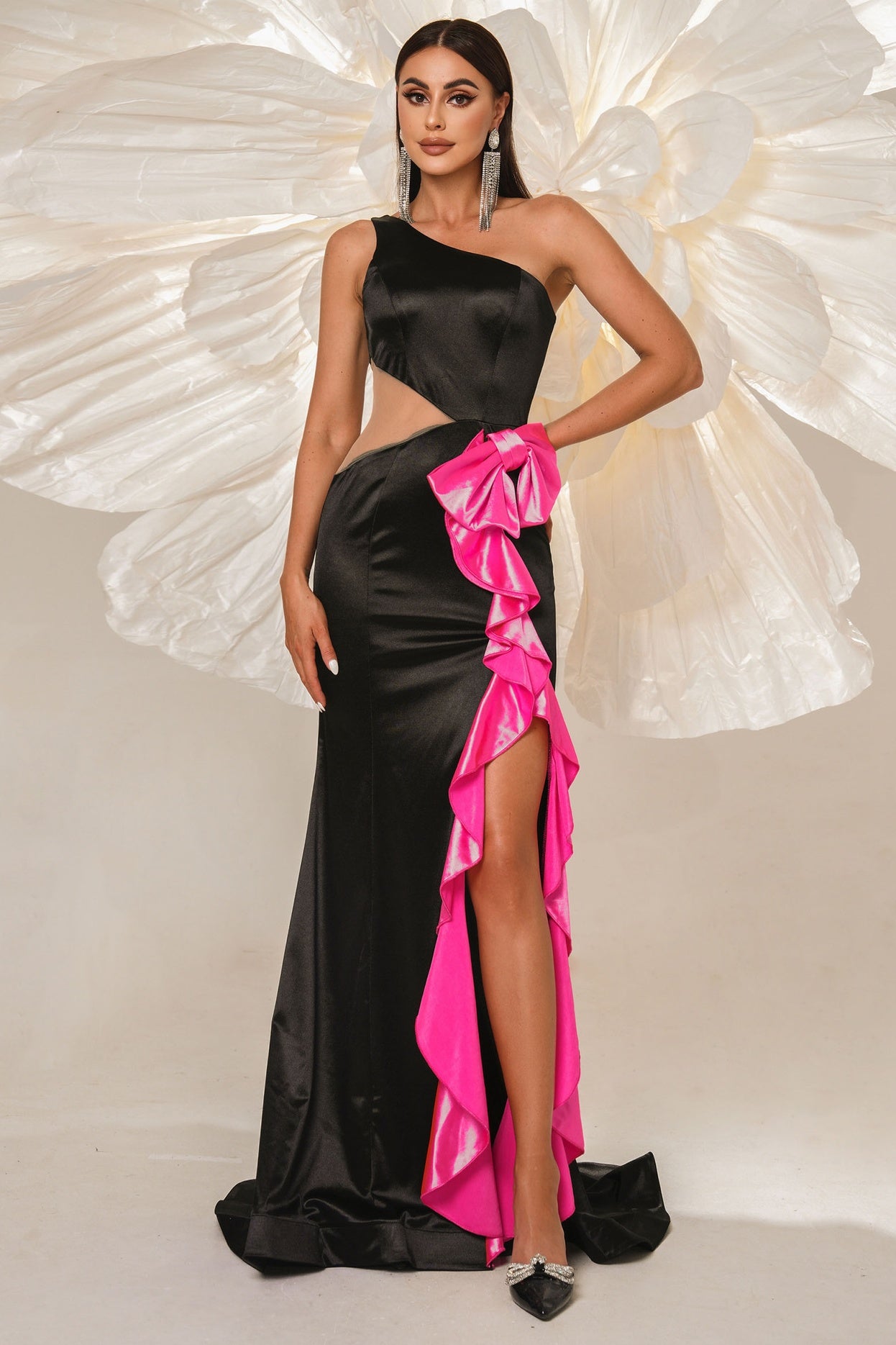 Satin One Shoulder Sleeveless Ruffled Party Evening Dress