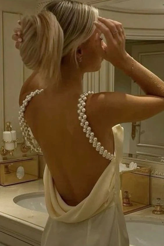 Satin Pearls Straps Backless Long Summer Party Prom Dress