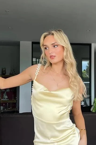 Satin Pearls Straps Backless Long Summer Party Prom Dress