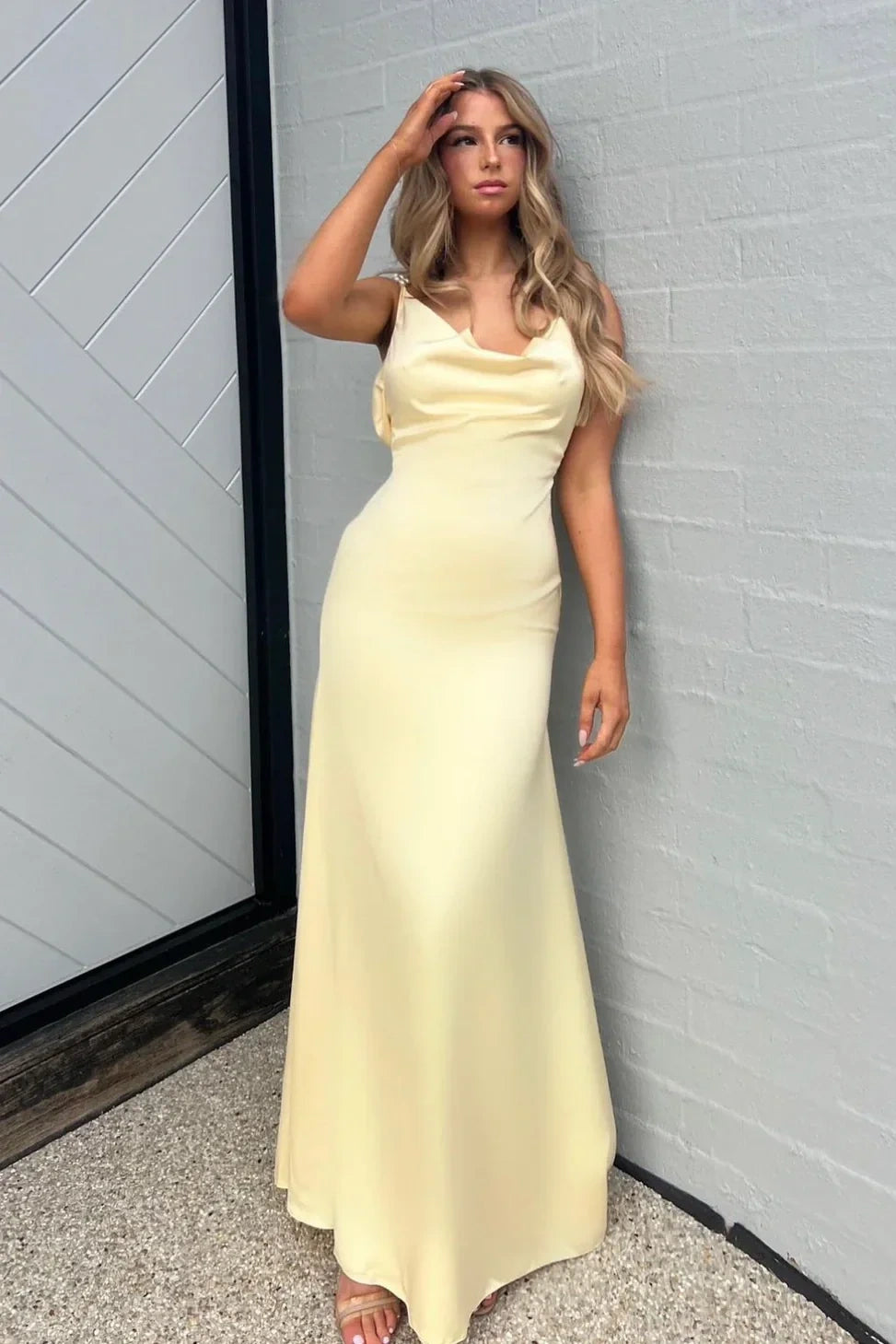 Satin Pearls Straps Backless Long Summer Party Prom Dress