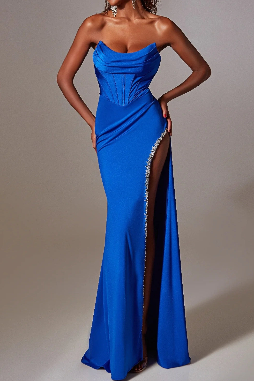 Satin Sheath Strapless Empire Lace Up Beaded Prom Dress