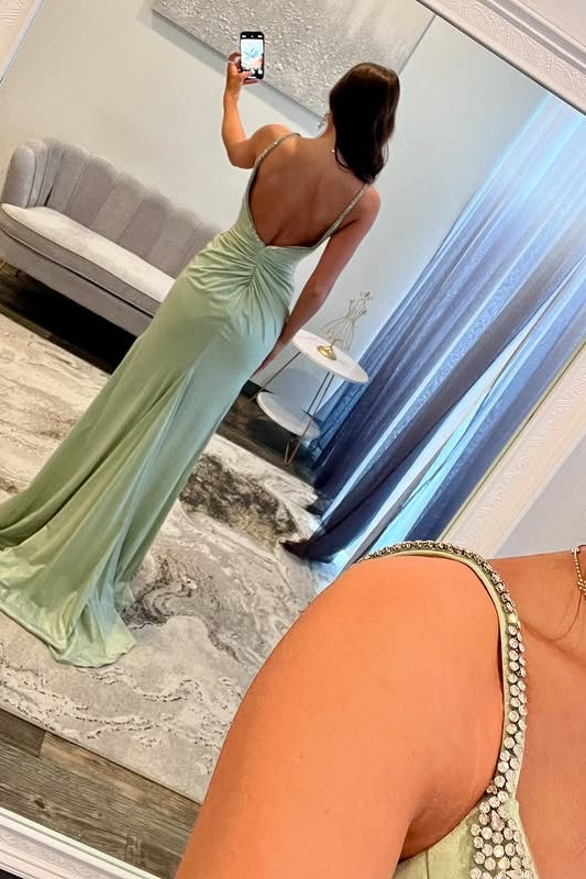 Satin Spaghetti Straps Beaded Party Prom Dress With High Slit