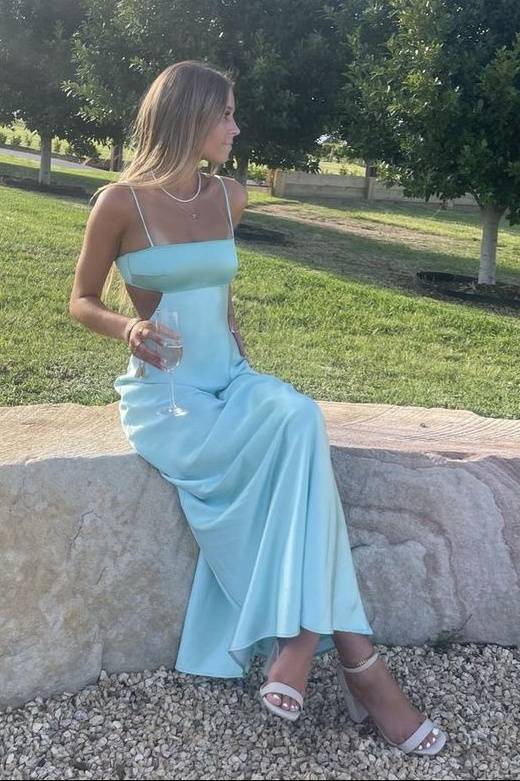 Satin Spaghetti Straps Illusion Empire Long Bridesmaid Dress