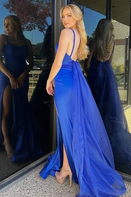 Satin Spaghetti Straps Party Prom Dress With Train And High Slit