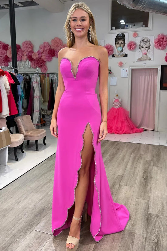 Satin Sweetheart Strapless Beaded With Side Slit Prom Dress