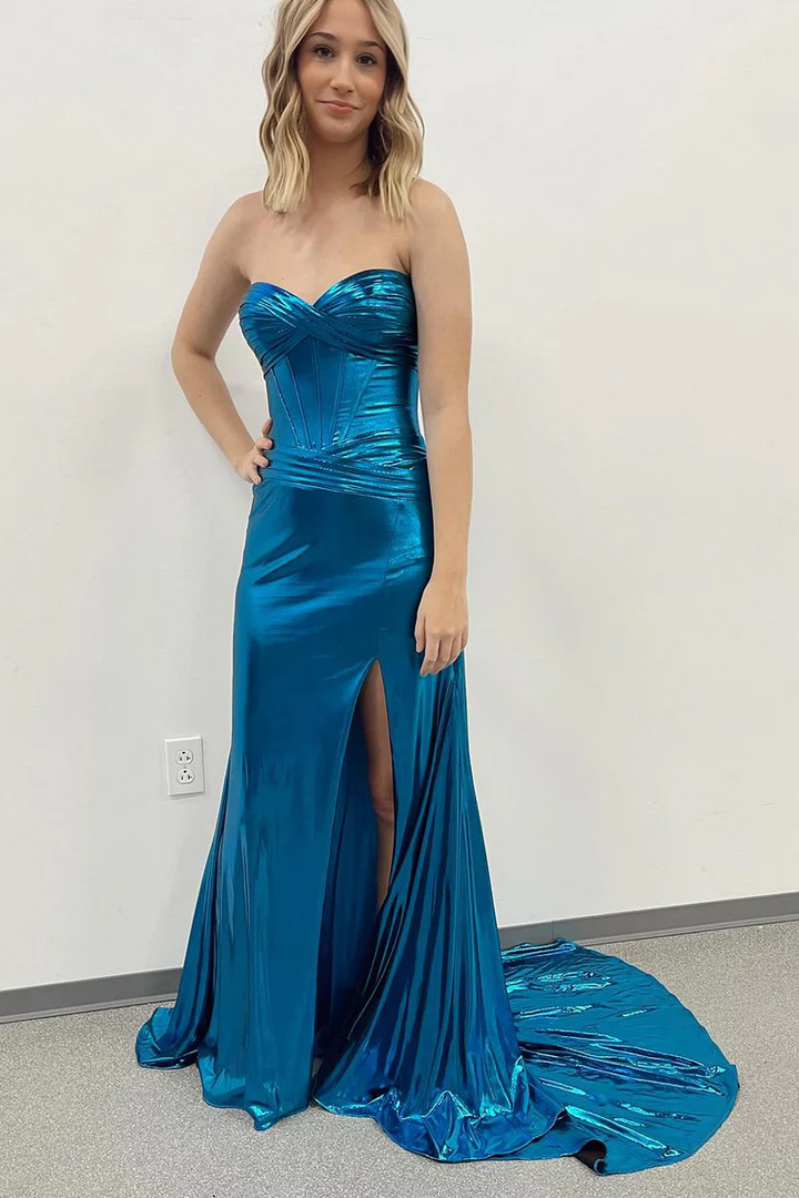 Satin Sweetheart Strapless Empire With Side Slit Prom Dress