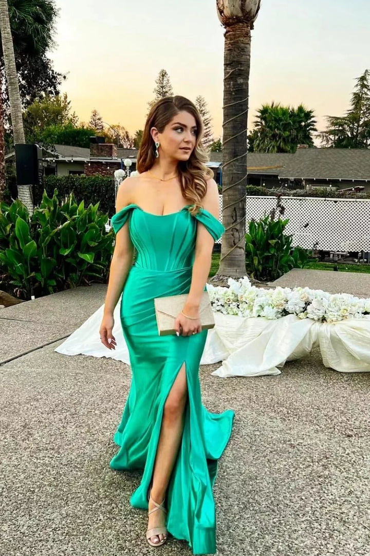 Satin Trumpet Bateau Off-Shoulder With Side Slit Prom Dress