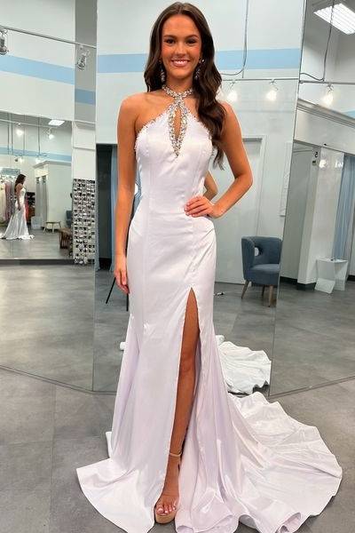 Satin Trumpet High Neck Sleeveless Beaded With Train Prom Dress