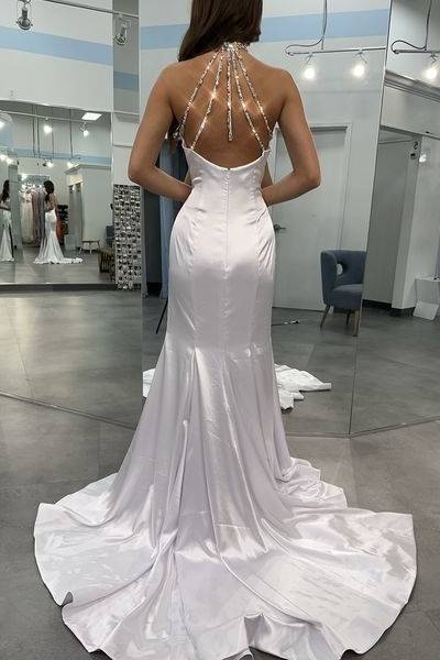 Satin Trumpet High Neck Sleeveless Beaded With Train Prom Dress