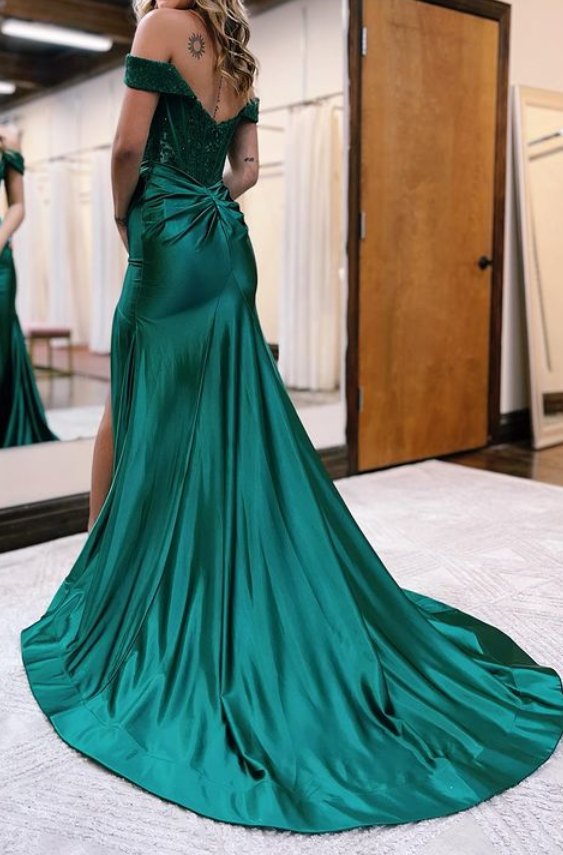 Satin Trumpet Off-Shoulder Appliques Long Prom Dress