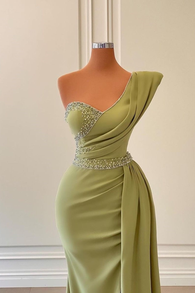 Satin Trumpet One Shoulder Sleeveless Beaded Prom Dress