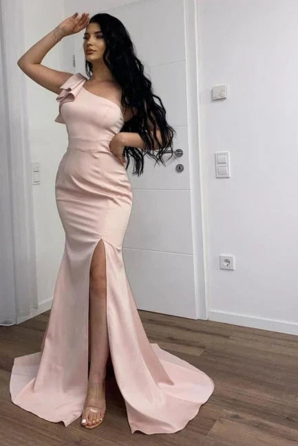 Satin Trumpet One Shoulder Sleeveless With Side Slit Prom Dress