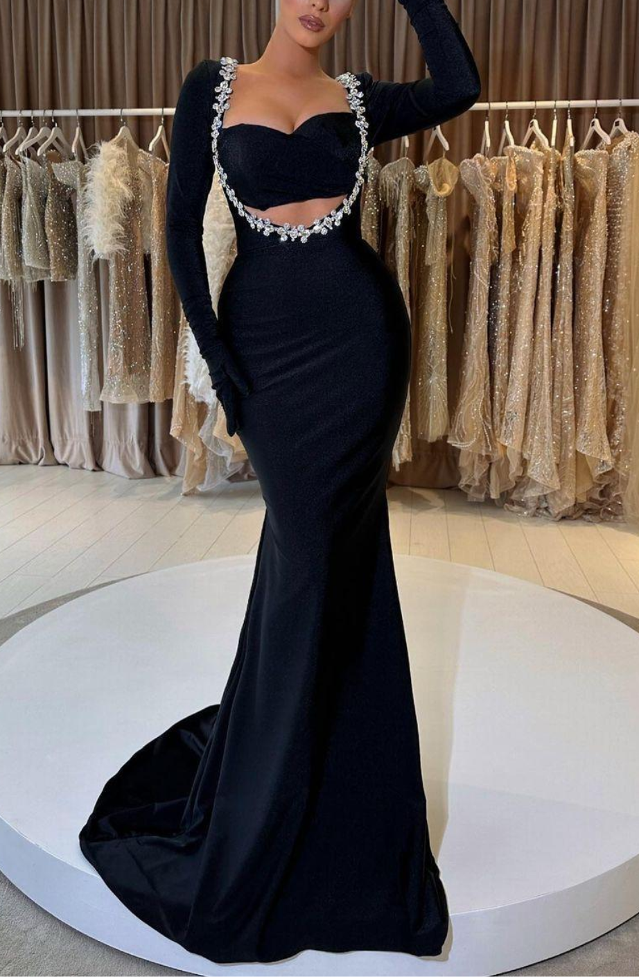 Satin Trumpet Sweetheart Long Sleeves Beaded Long Prom Dress