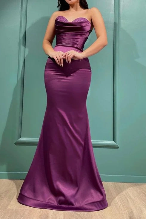 Satin Trumpet Sweettheart Strapless Beaded Formal Party Dress