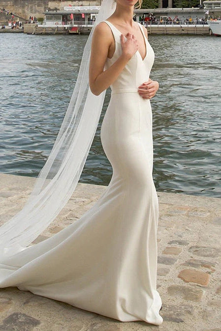 Satin Trumpet V-Neck Sleeveless Open Back Wedding Dress With Bolero