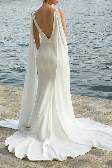 Satin Trumpet V-Neck Sleeveless Open Back Wedding Dress With Bolero