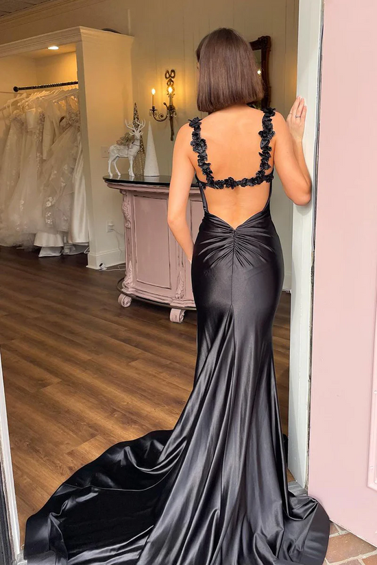 Satin Trumpet V-Neck Sleeveless With Train Prom Dress