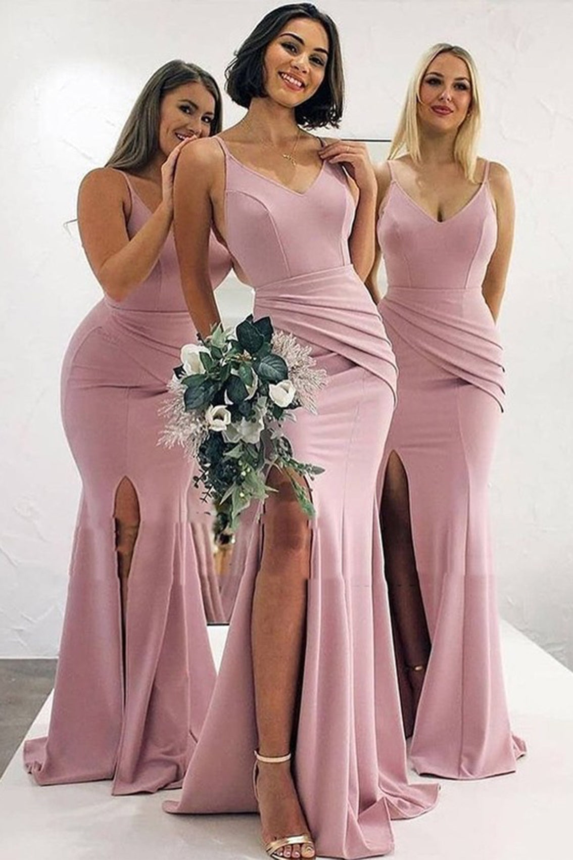 Satin Trumpet V-Neck Spaghetti Straps With Side Slit Bridesmaid Dress