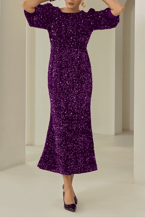 Scoop Half Sleeves Fully Sequins Long Party Dress