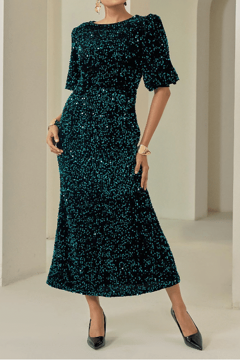 Scoop Half Sleeves Fully Sequins Long Party Dress