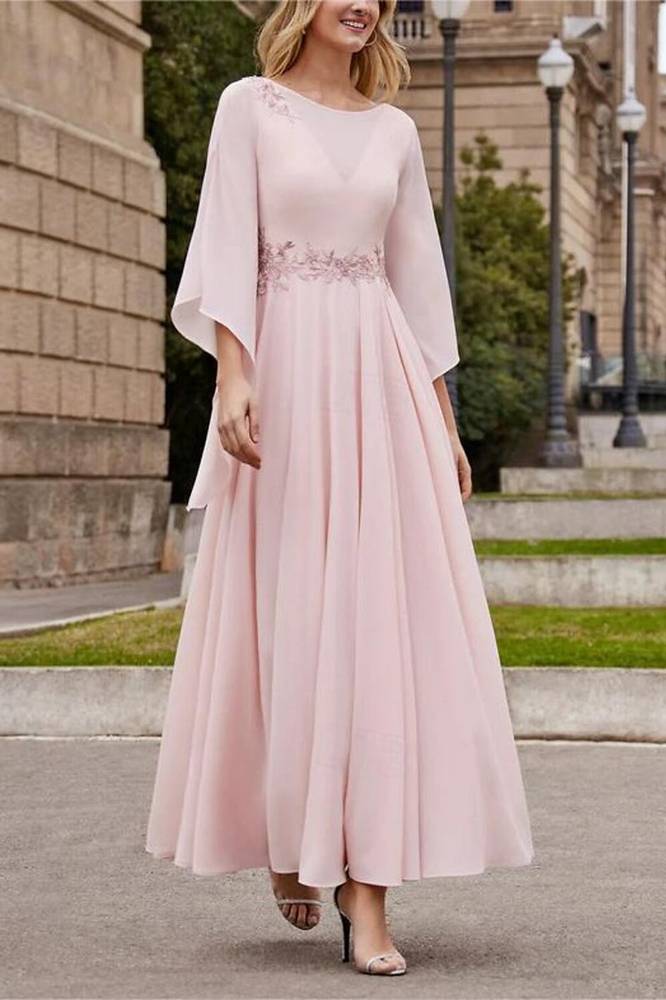 Scoop Long Sleeves A-Line Appliques Chiffon MotherOf Brides Dress