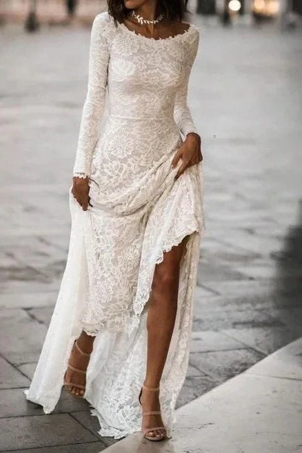 Scoop Long Sleeves Fully Lace Wedding Dress With Train