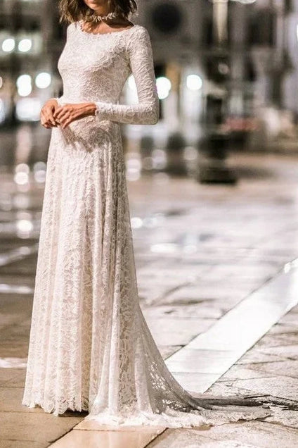 Scoop Long Sleeves Fully Lace Wedding Dress With Train