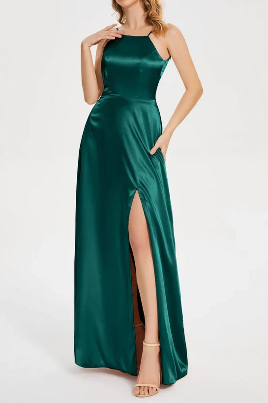 Scoop Spaghetti Straps Satin A-Line Bridesmaid Dress