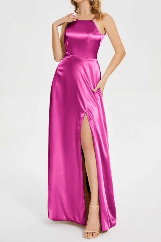 Scoop Spaghetti Straps Satin A-Line Bridesmaid Dress