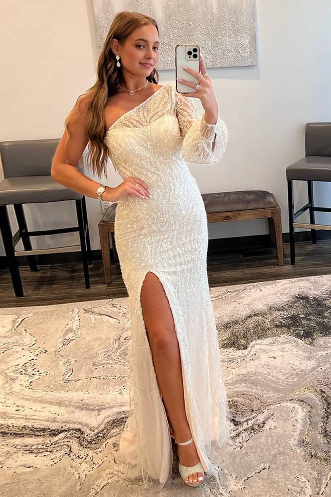 Sequins One Shoulder Long Sleeves Party Prom Dress