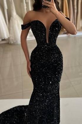 Sequins Trumpet Off-Shoulder With Train Formal Dress